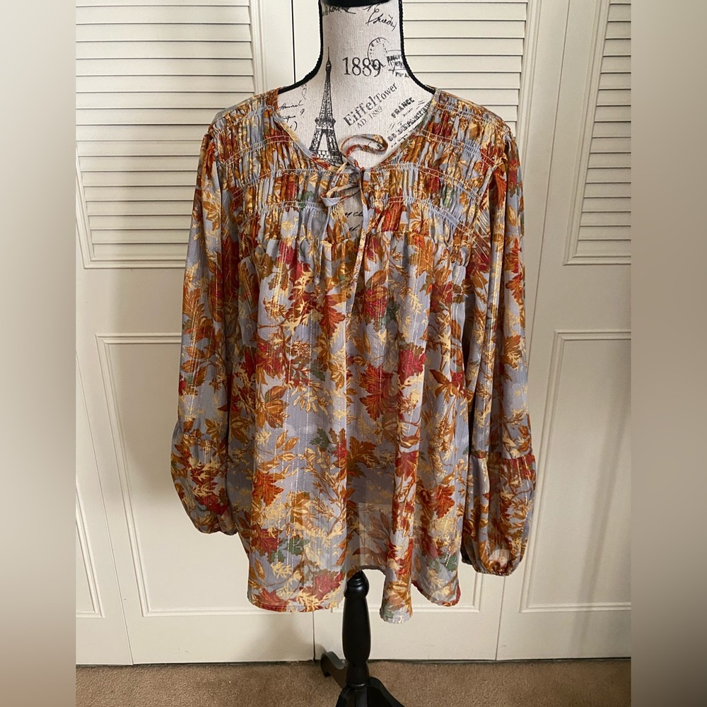 Maurices sheer fall autumn leaves gold metallic lurex blouse 3X